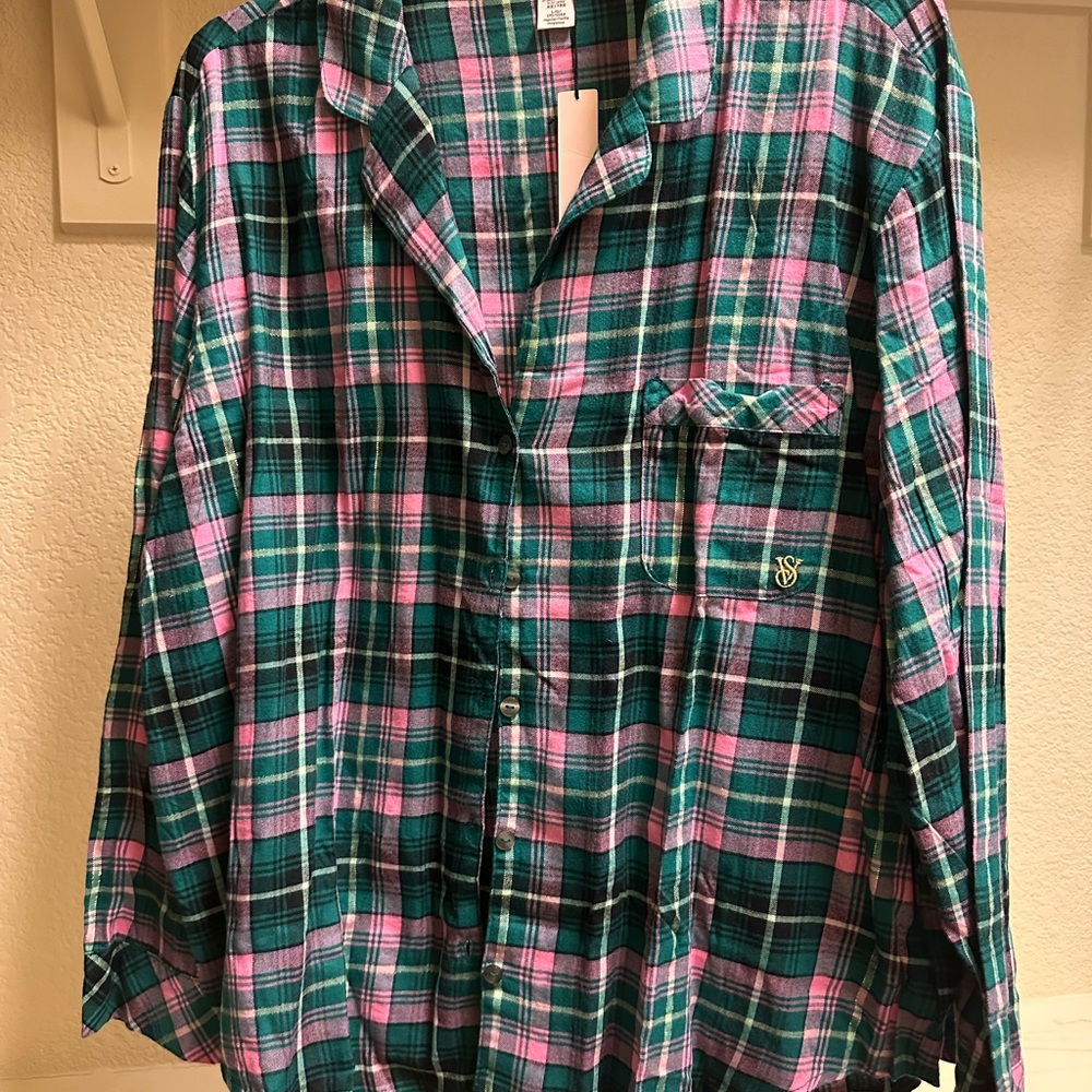 Victoria's Secret Green and Pink Plaid Shirt